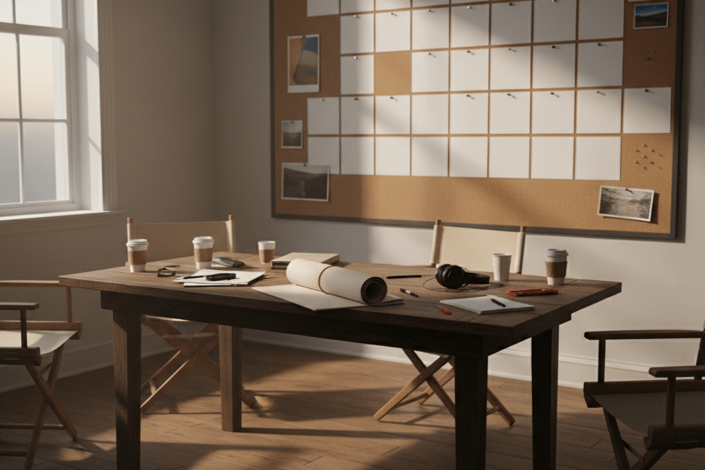 An unoccupied film production desk with scattered storyboards and scripts under ambient light, illustrating narrative disconnection and lack of cohesion