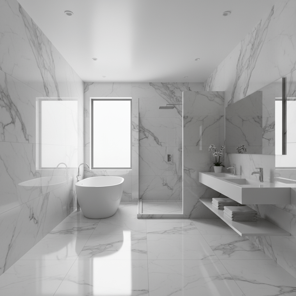 Luxury bathroom featuring seamless bookmatched marble-vein PVC wall paneling and shower surround.