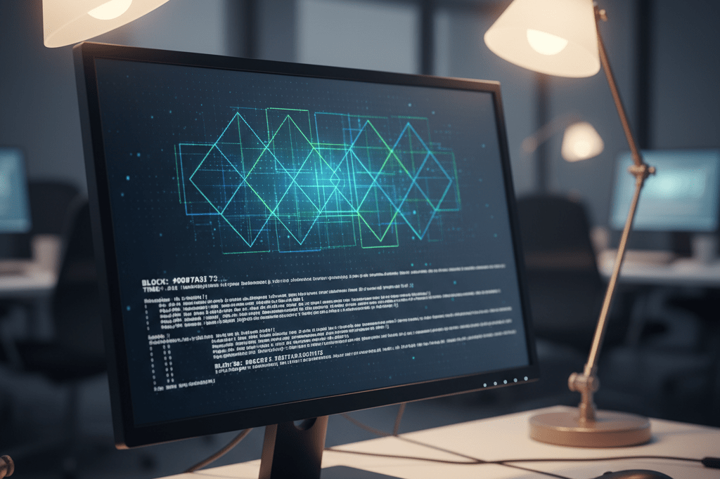 Computer monitor showing abstract digital verification graphics under soft office lighting, highlighting modern tech solutions for reputation protection