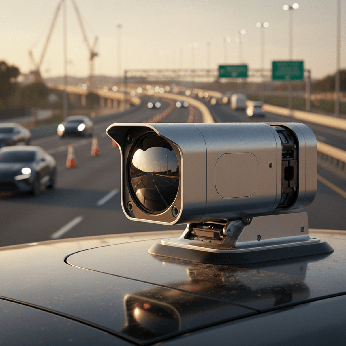 Close-up of 8K camera module on a self-driving car with a matte metallic housing.