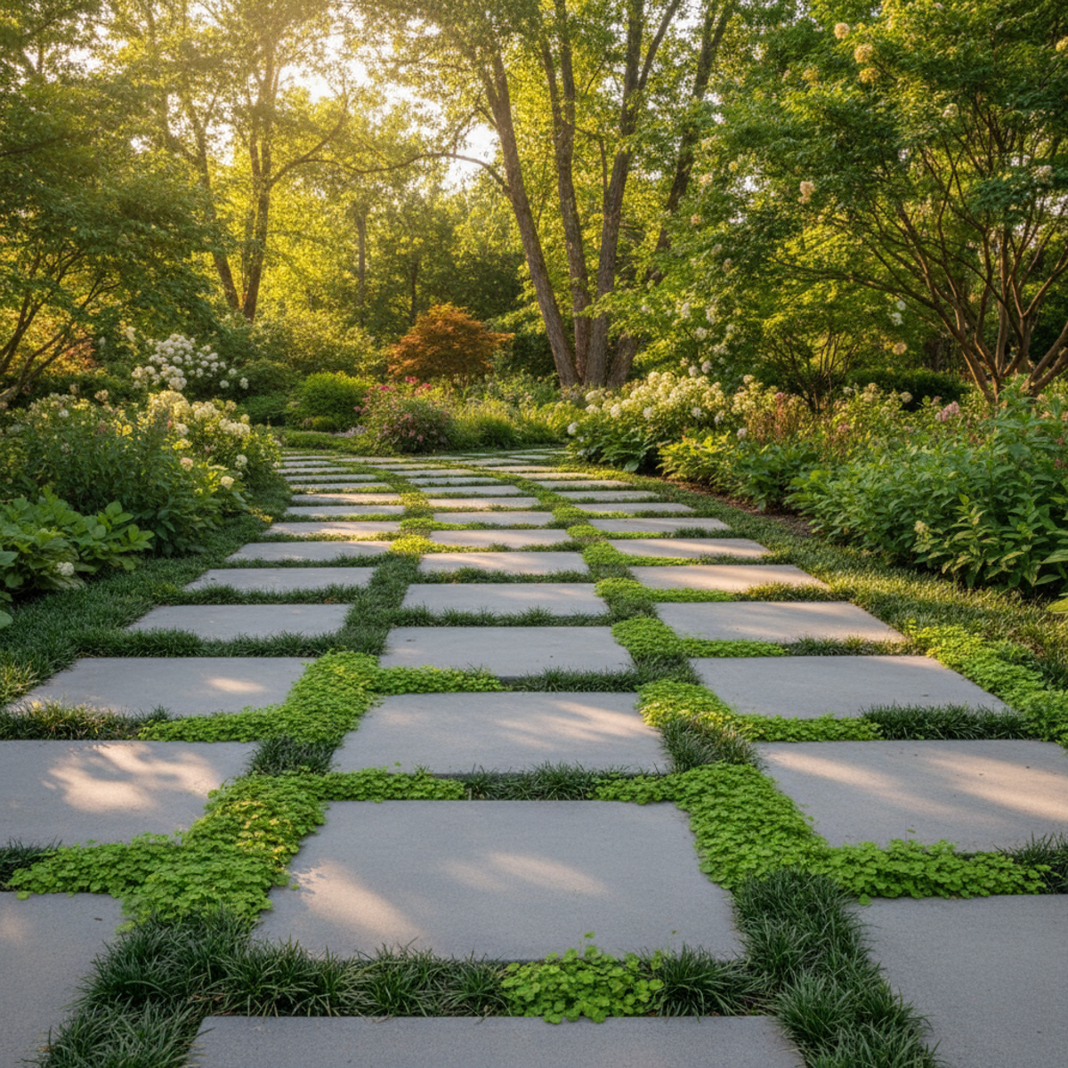 Serene garden path with smooth concrete pavers and lush groundcover under warm sunlight.