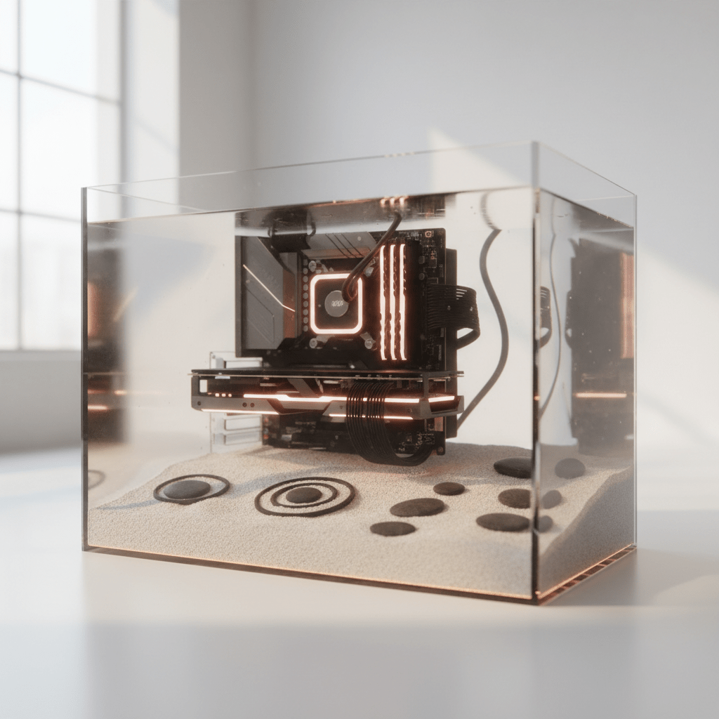Futuristic fish tank PC build with hidden components and a warm LED glow.