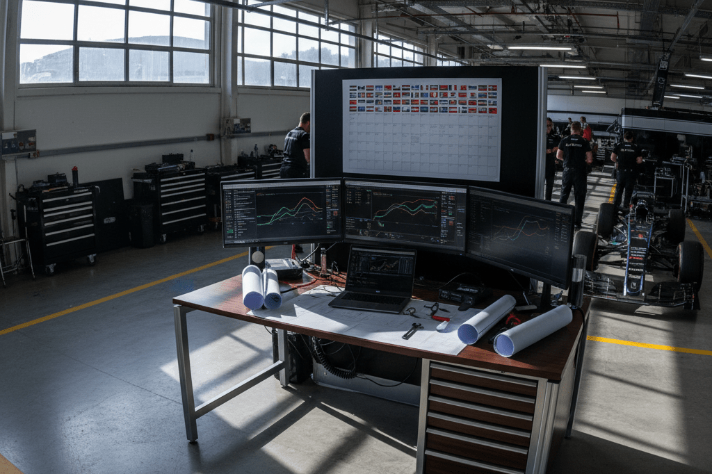 Organized F1 garage desk with charts, graphs, and tools under natural light, symbolizing precision and adaptability in competitive environments