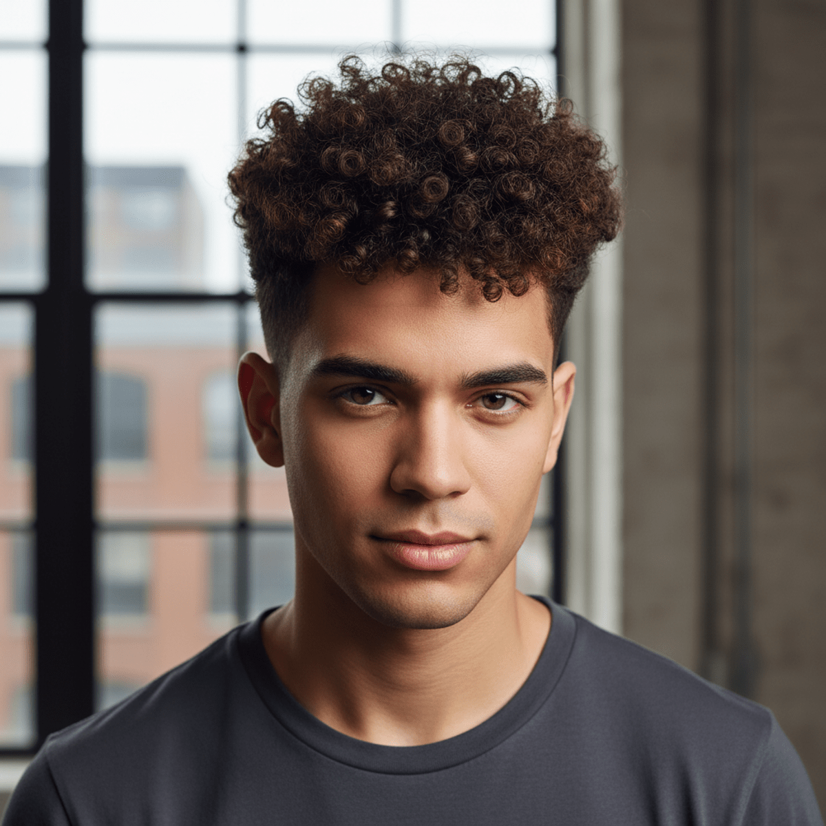 Stylish man with a high-contrast curl top hairstyle and sharp skin fade. Man with a sharp skin fade and voluminous natural curls in a modern aesthetic.