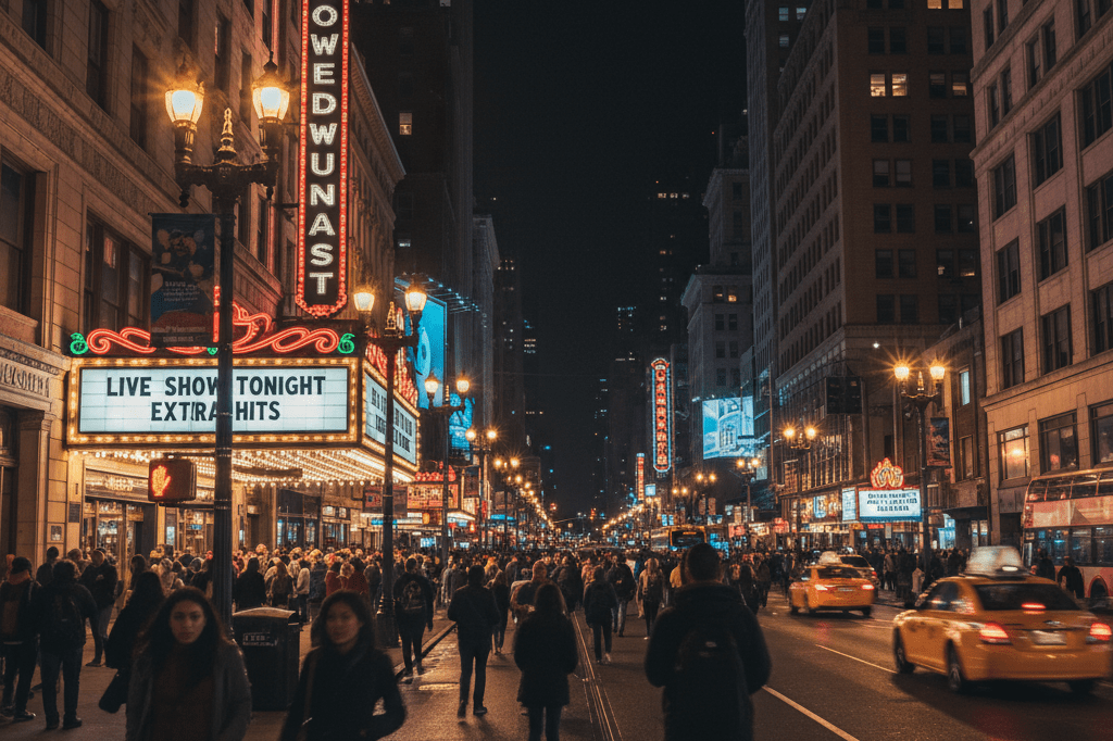 Vibrant nighttime view of Broadway theater district with marquee lights and lively crowds symbolizing entertainment-driven market opportunities