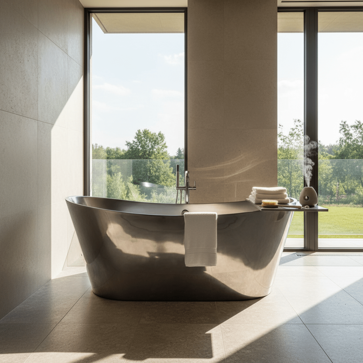 Contemporary stainless steel tub in a bright, high-end spa with natural light.