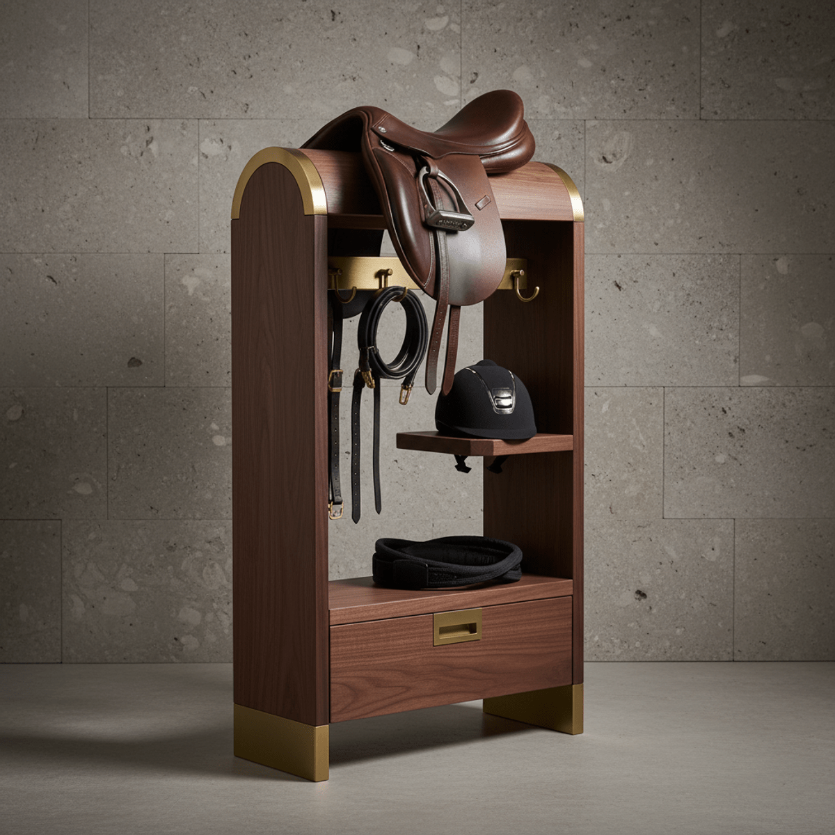 Modern walnut saddle rack with brushed metal, holding helmet and grooming tools.