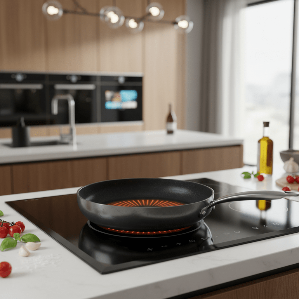 Durable hard-anodized sauté pan with stainless steel base on an induction cooktop.
