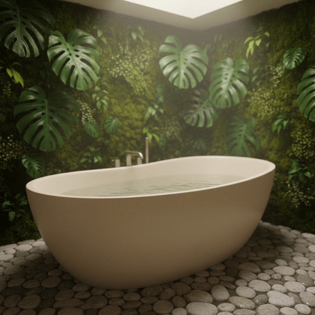 Compact bathroom with pebble tub, moss wall, and monstera leaves.