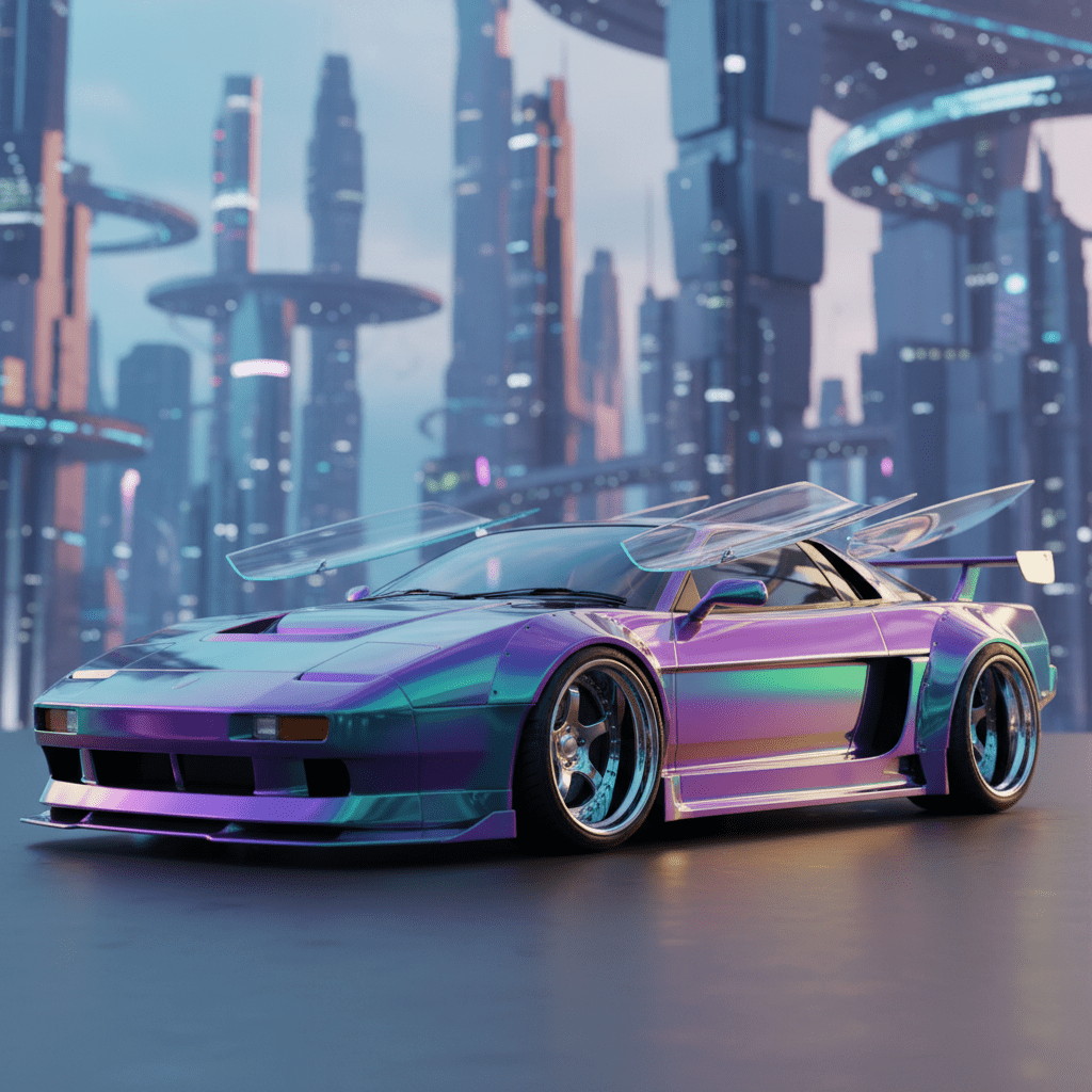 Futuristic sports car with holographic paint and floating panels in a surreal cityscape.