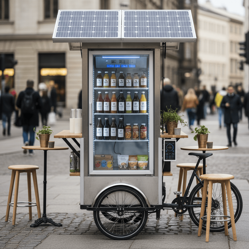 Sleek mobile cafe with solar power, offering fresh juices and snacks.