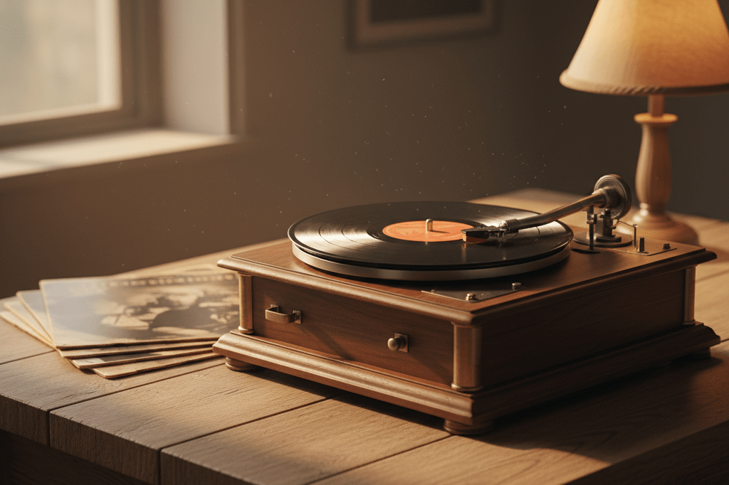 Vintage vinyl record player under soft ambient lighting Close-up of a classic vinyl record player with stacked records, bathed in natural light, symbolizing timeless legacy