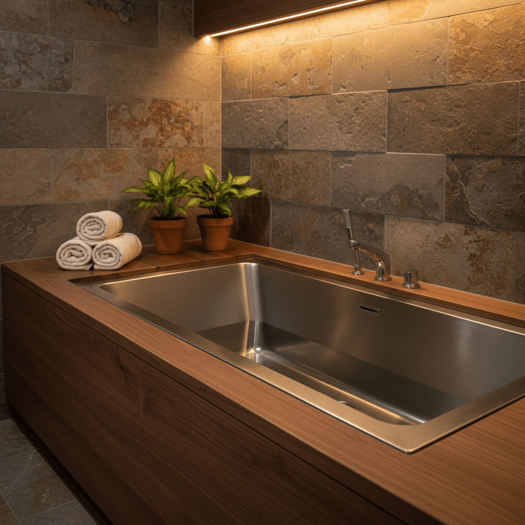Sleek stainless steel tub with walnut surround, natural stone tiles, and soft lighting.
