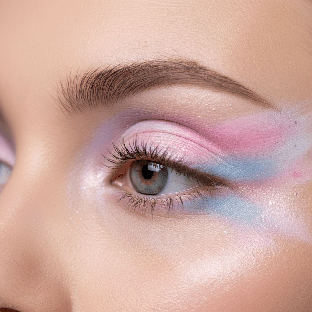 Dreamy watercolor eye makeup with pastel pink, lavender, and blue blending.