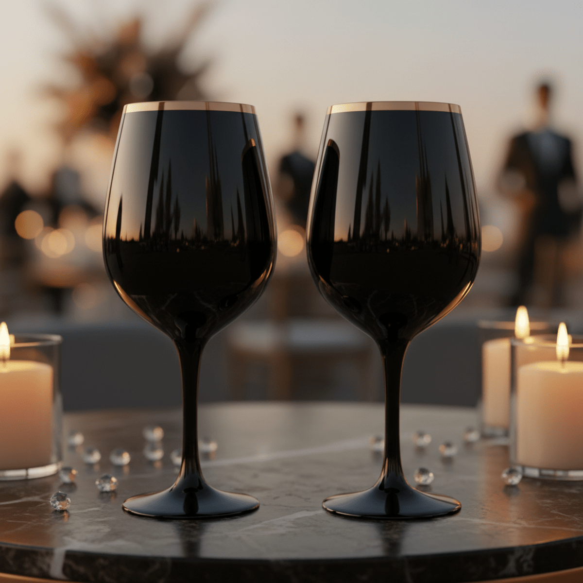 Two black glass wine goblets with rose gold rims catch golden hour light.