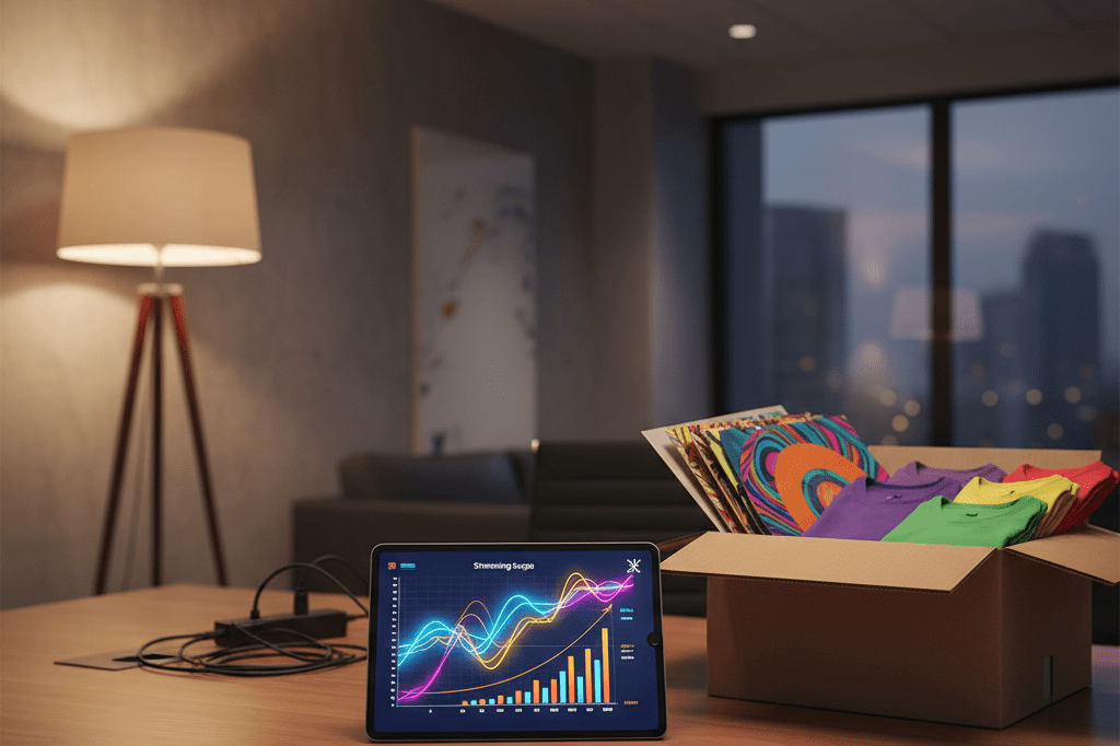 Executive desk showing revenue growth from hybrid virtual physical models Modern desk with tablet data charts and merch box under warm light symbolizing entertainment revenue streams
