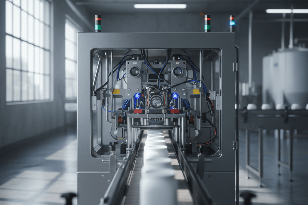 Close-up of advanced scanning equipment inspecting dairy products under natural light in a processing facility