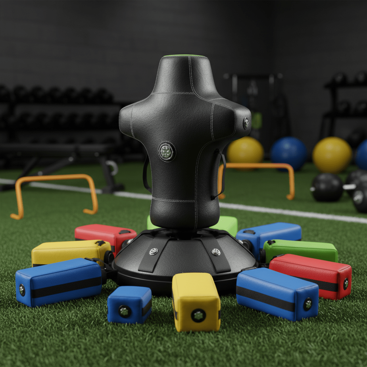 Modular football tackle dummy with interchangeable limbs on turf.