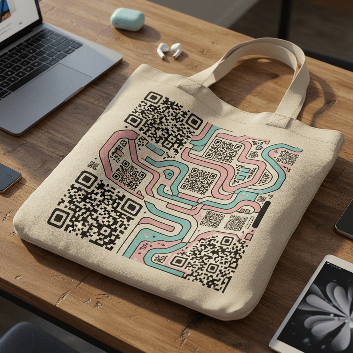 White canvas tote bag with vibrant QR code art, digital mural, and tech gadgets.