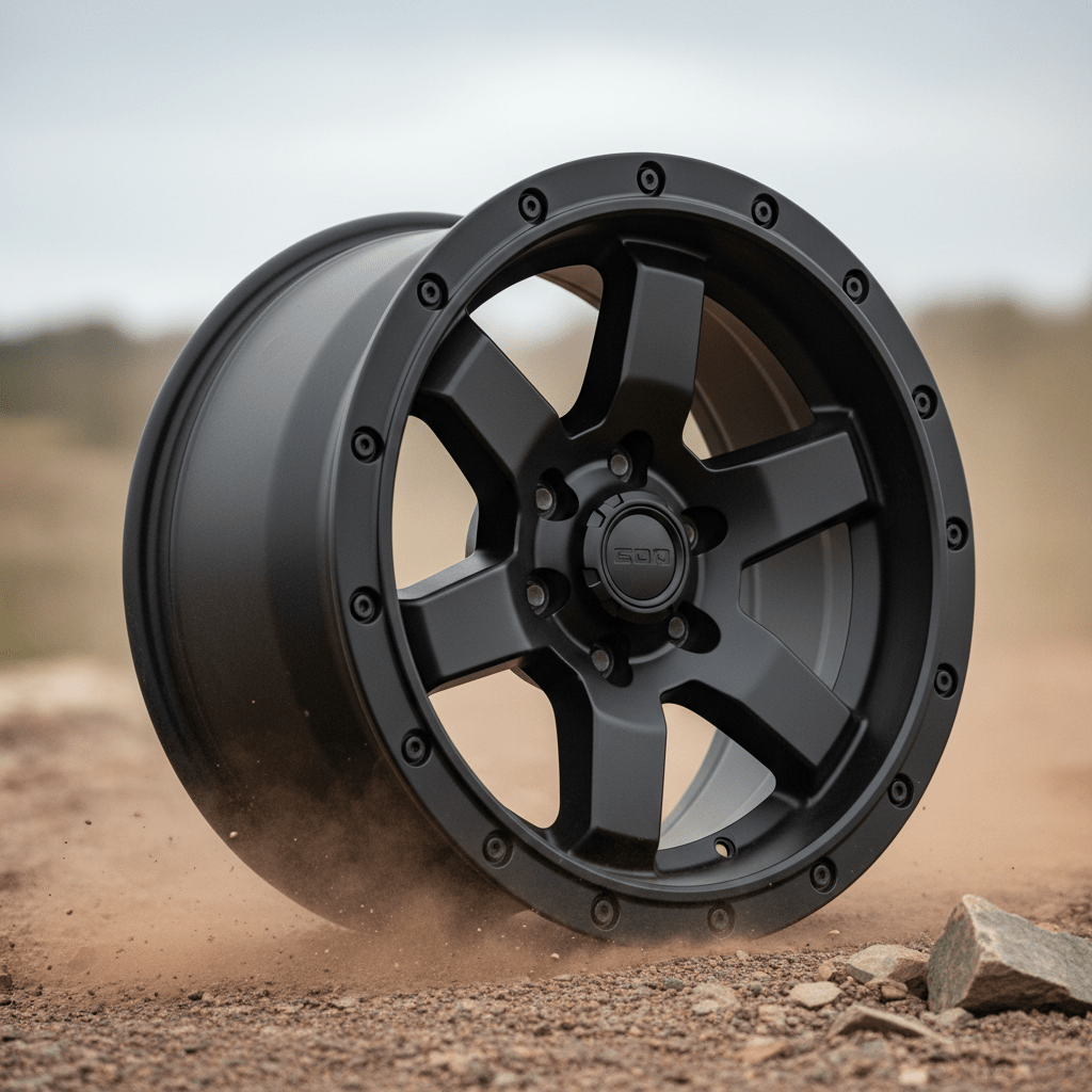 Rugged monoblock wheel with thick spokes and matte black finish on a dusty trail.