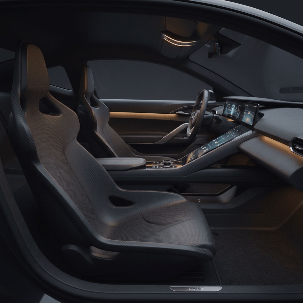 Sleek 2026 automotive interior with matte carbon bucket seats and brushed metal.