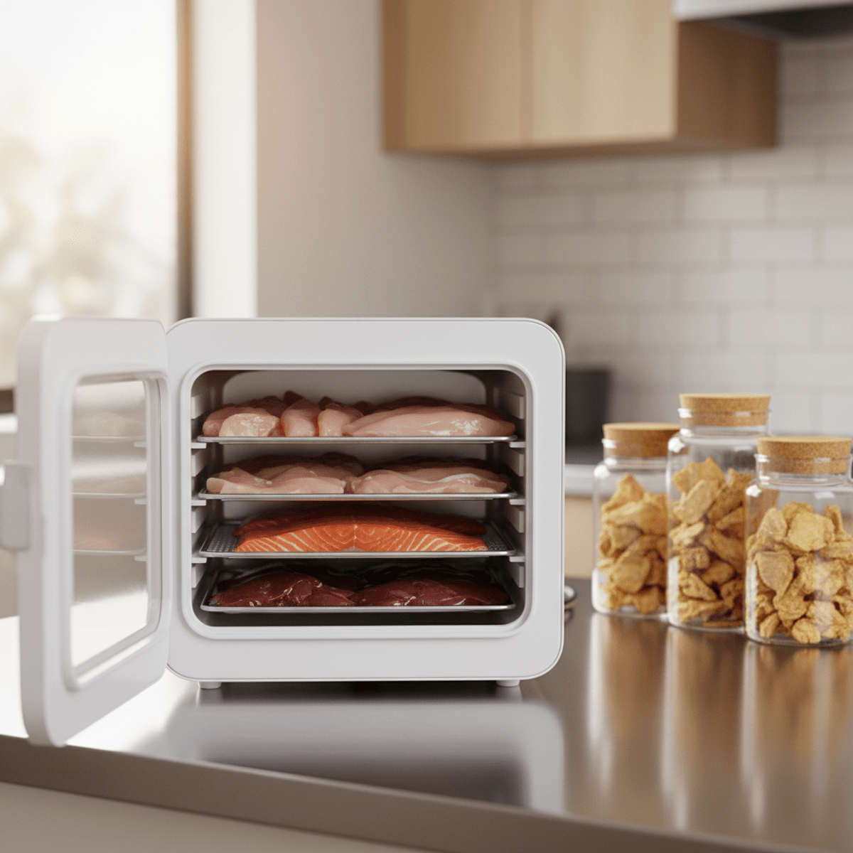 Compact freeze dryer with raw organic chicken, salmon, and beef liver for pet treats.