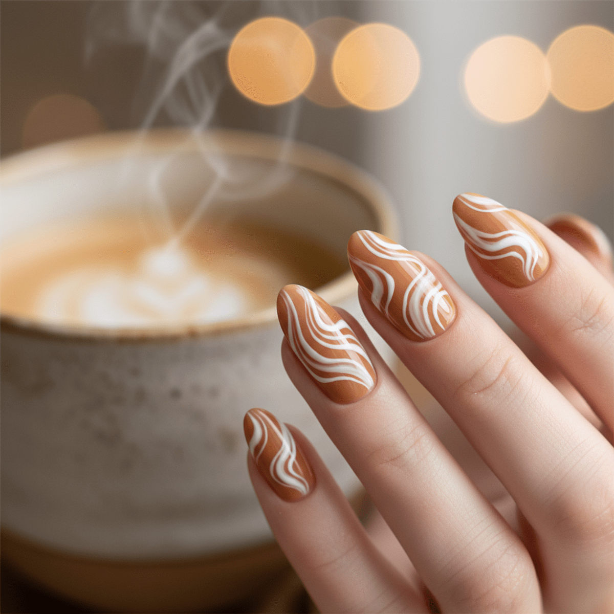 Mocha mousse nails with creamy white latte art swirls on caramel coffee base.