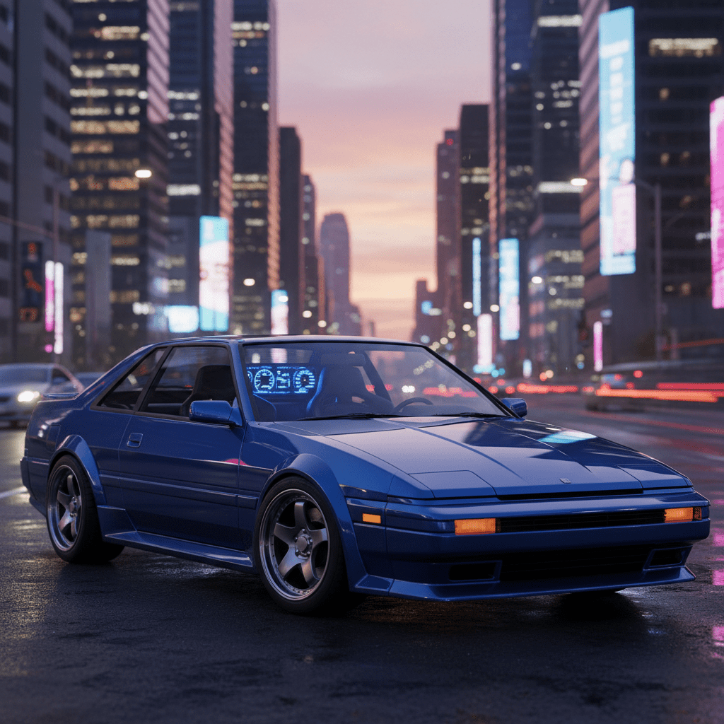 Restored 1990s coupe with modern upgrades in a futuristic cityscape at dusk.
