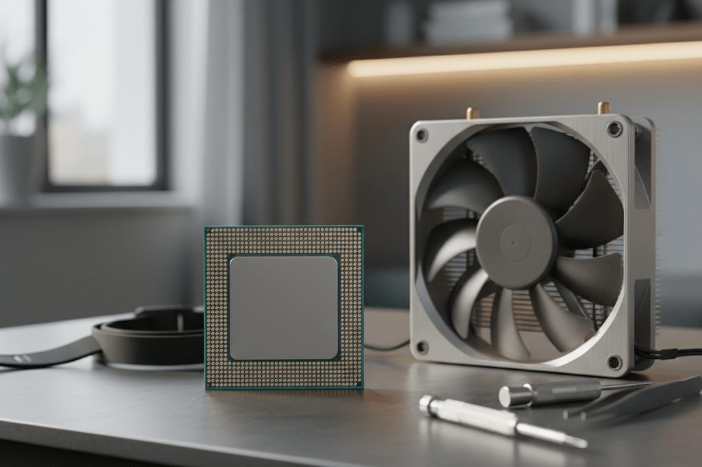 Detailed view of a gaming processor with cooling fan and tools under natural light, showcasing technological advancement