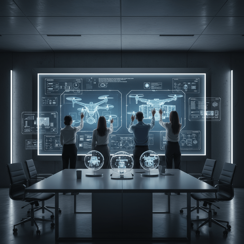 Team collaborates on prototypes with a large interactive touch display in a minimalist space.