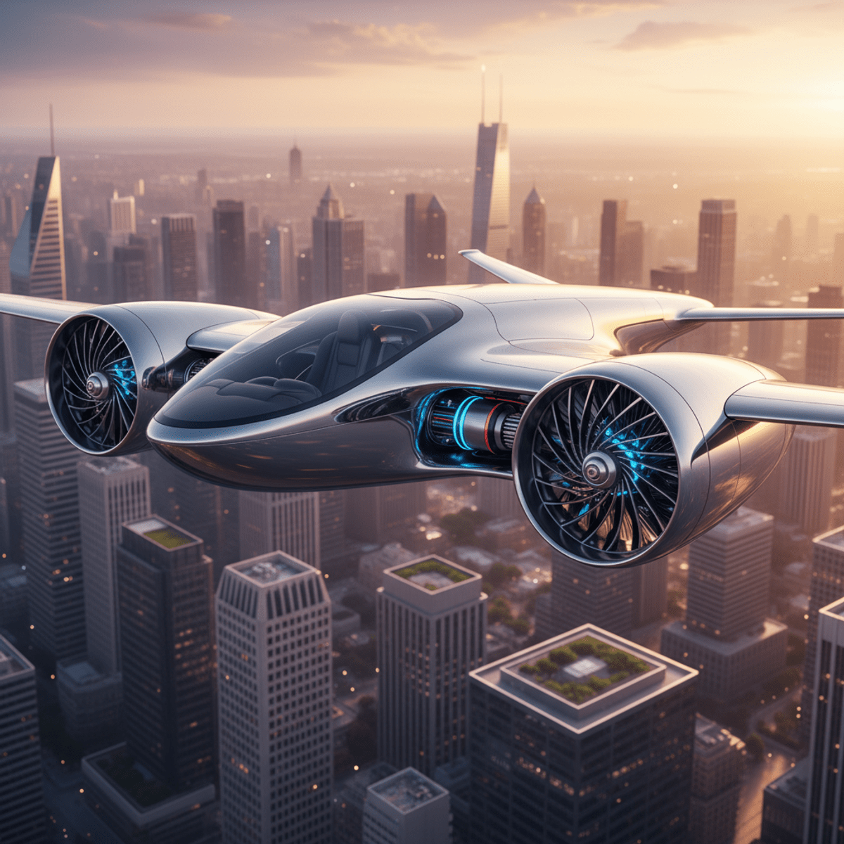 Futuristic eVTOL over a golden hour city skyline Sleek eVTOL aircraft hovers over a futuristic city skyline during golden hour.
