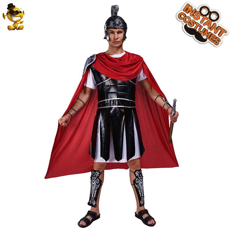 古代角斗士表演万圣节派对服装与男子红色披风战士服装