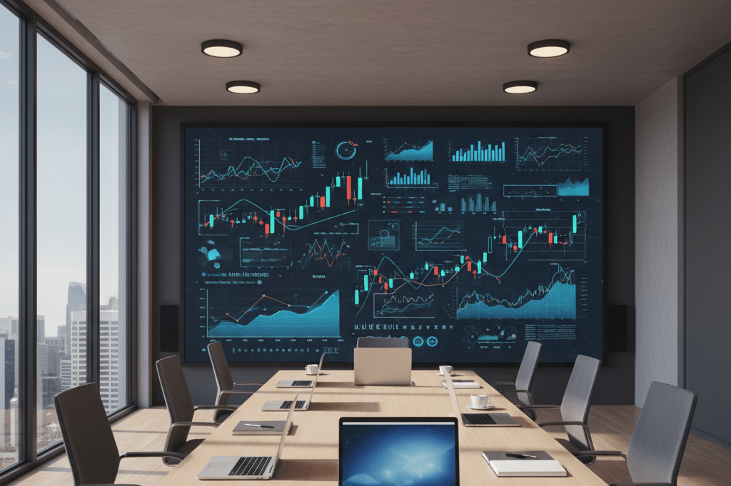 Sunlit meeting space with digital dashboard showing market trends, symbolizing advanced forecasting technology integration