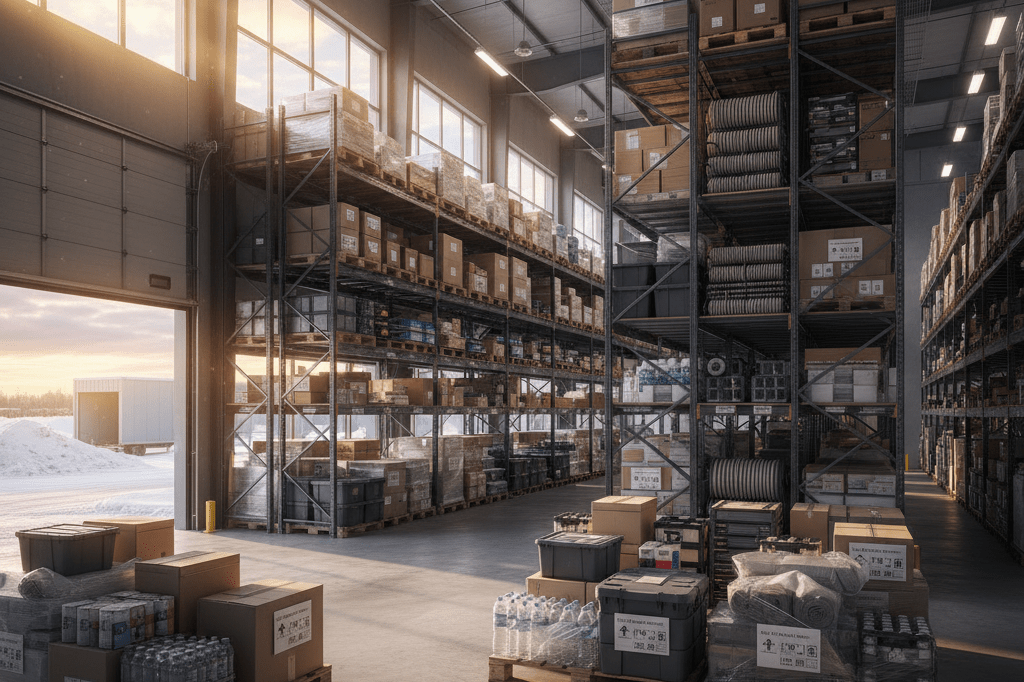 Organized warehouse filled with crates and supplies under warm natural light, symbolizing readiness for hurricane season challenges