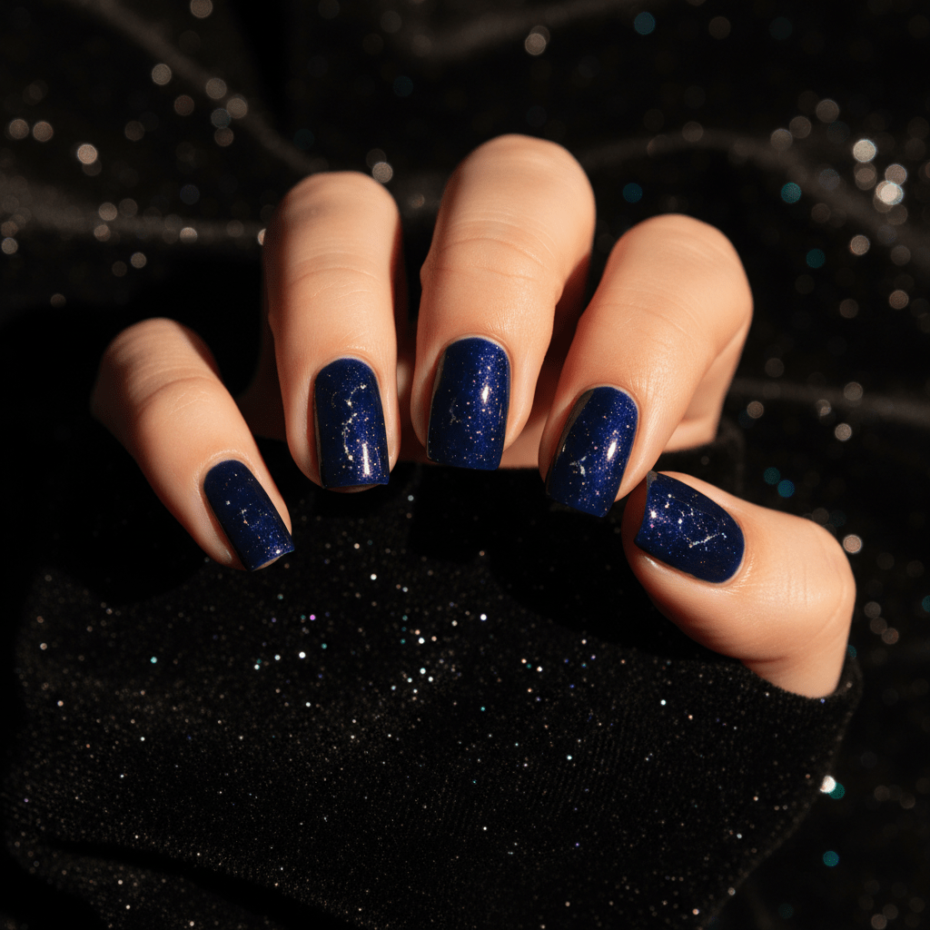 Hand with Celestial Indigo nail polish, midnight blue with silver and violet sparkles on velvet.