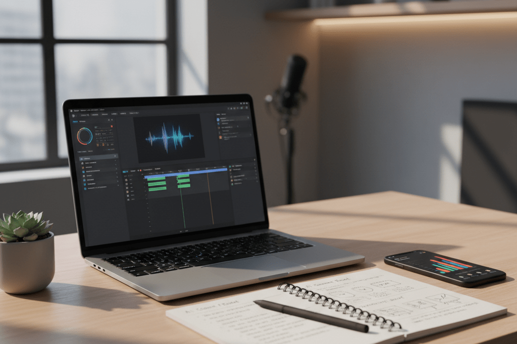 Desk with laptop, notebook, and smartphone under natural light, showcasing AI-driven marketing tools in a photorealistic style
