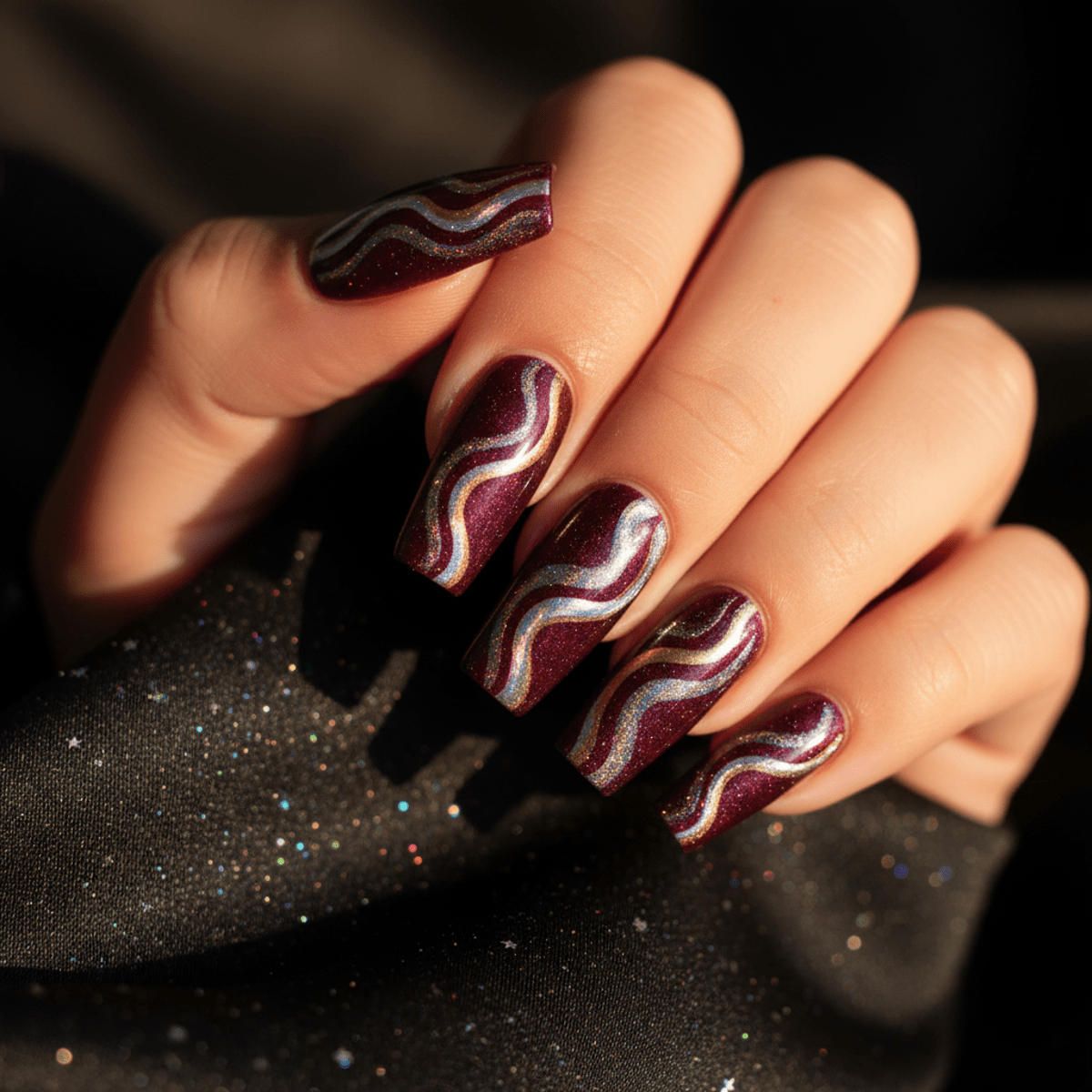 Coffin-shaped nails with magnetic cat-eye galaxy design and burgundy shimmer.
