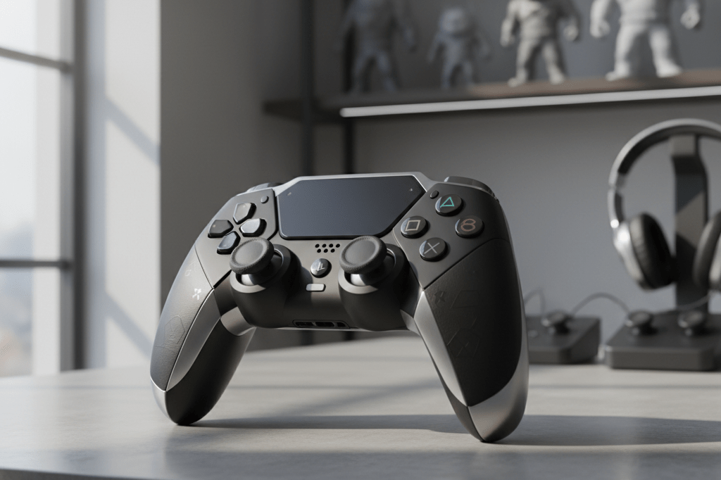 Stylish video game controller as symbol of entertainment marketing Close-up of an elegantly designed video game controller on a desk with ambient lighting, highlighting strategic product appeal