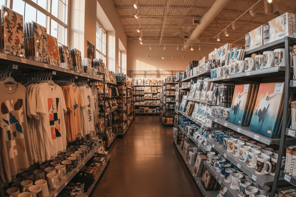 Wide shot of organized retail merchandise in a store aisle under natural light, highlighting strategic placement inspired by production announcements