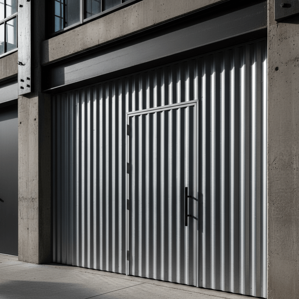 Industrial garage door with integrated pedestrian door, raw metallic finish and deep ribbed texture.