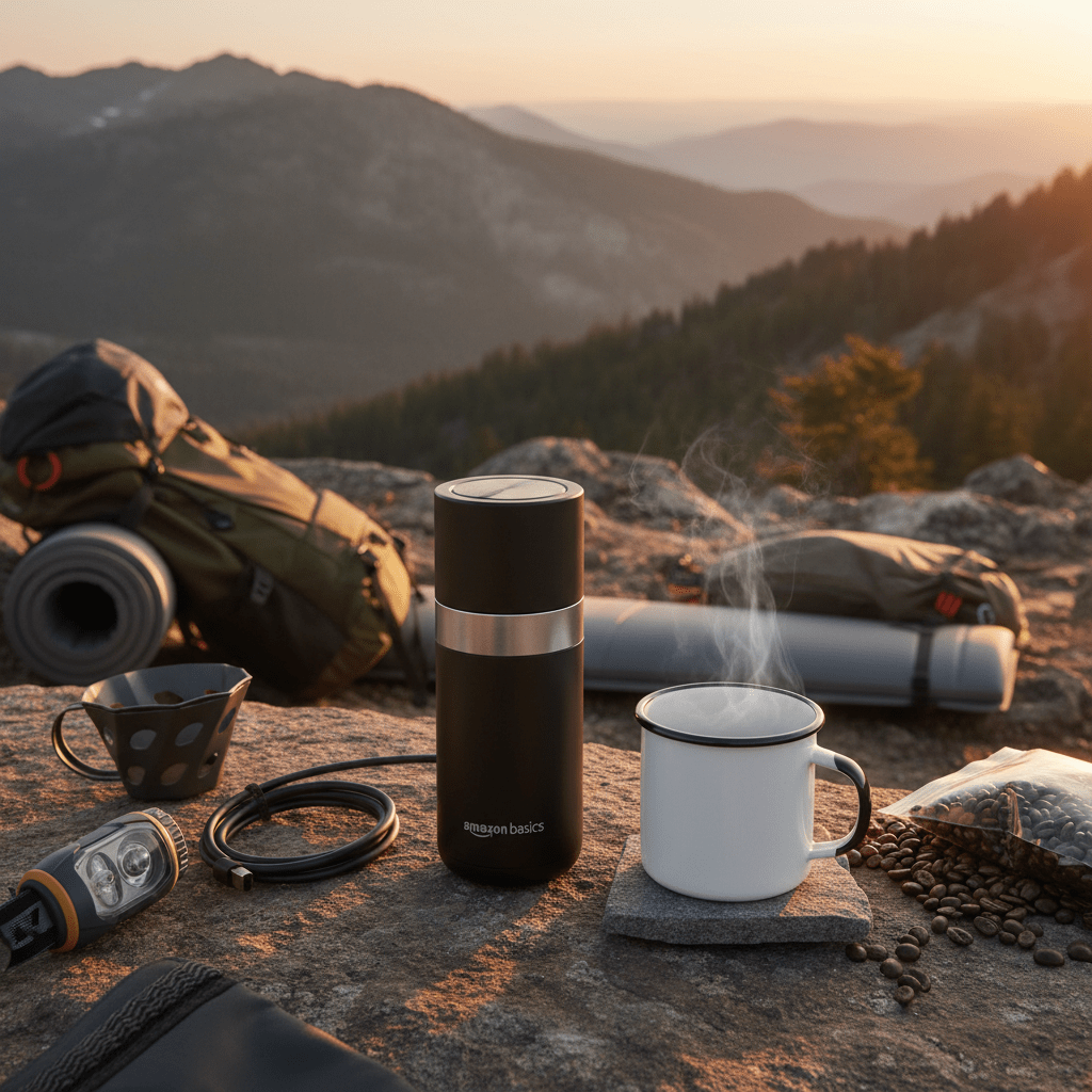 Ultra-compact USB coffee grinder on a mountain campsite at sunrise.