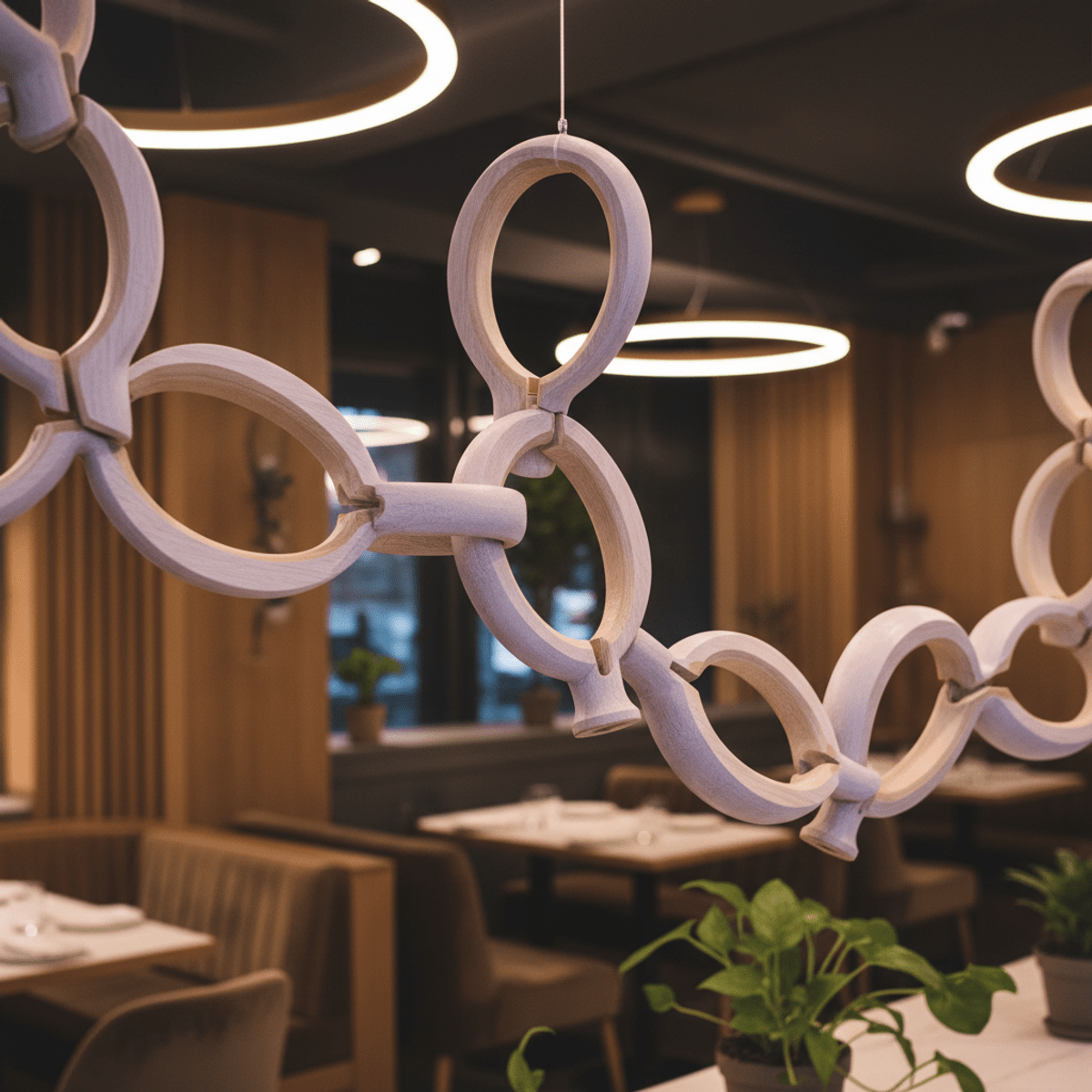 Sculptural bamboo balloon garland in a chic restaurant with ambient lighting.