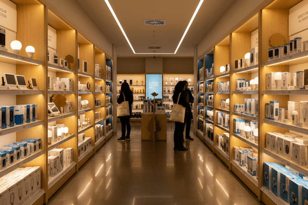 Wide shot of retail store aisle showcasing LED lights and smart devices under ambient lighting, highlighting sustainability trends