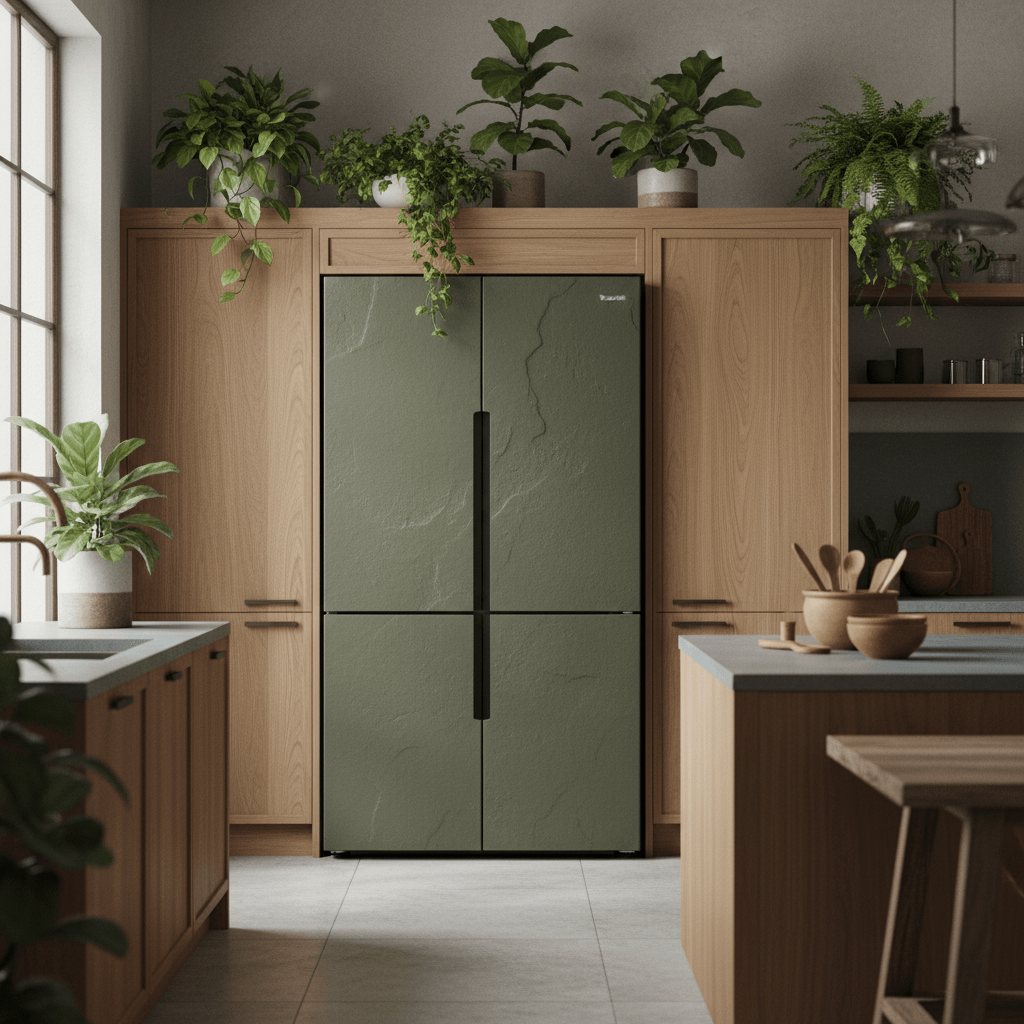 Modern kitchen with olive green refrigerator, wood cabinets, and indoor plants.