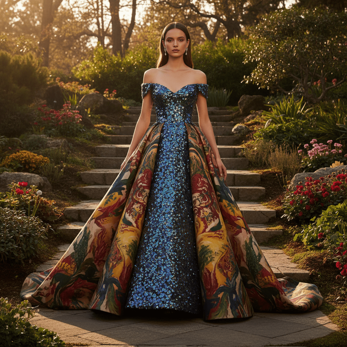 Sweeping haute couture prom dress in organic silk with reclaimed ocean plastic sequins.