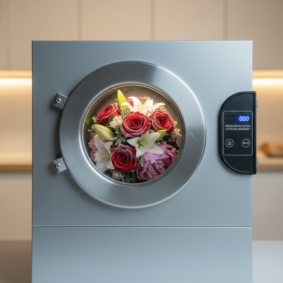 Freeze dryer preserving vibrant bridal bouquet with delicate frost crystals.