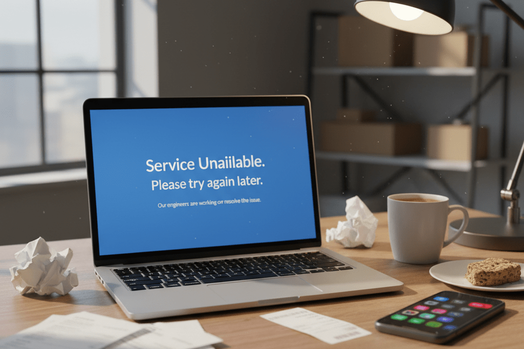 Laptop showing error message, invoices, and phone notifications under natural light, symbolizing impact of marketplace outages
