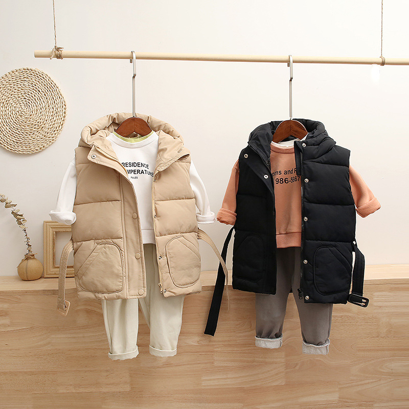 Детская одежда, куртка с поясом без рукавов, средней длины, детский пуховой жилет с капюшоном, зимние детские жилеты