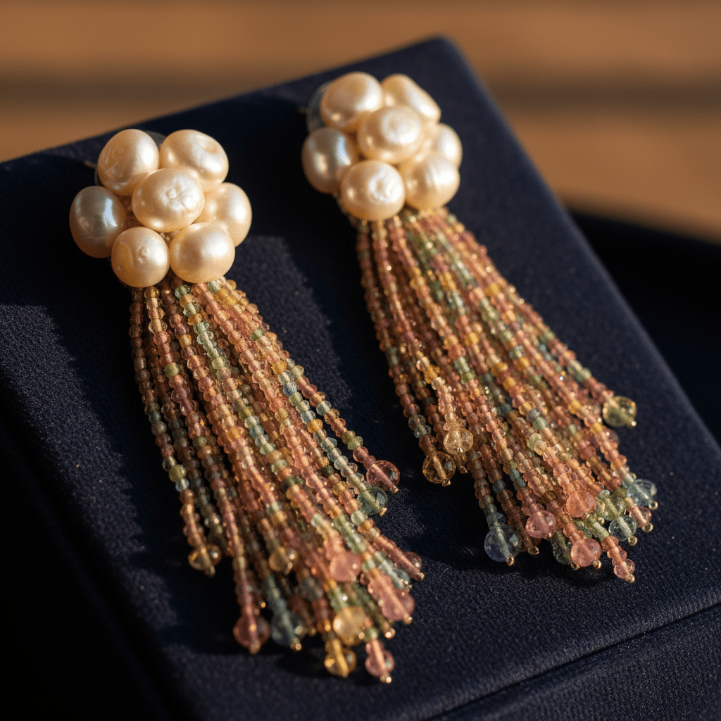Opulent tassel earrings featuring luminous pearls and multi-colored tourmaline in cascading layers.