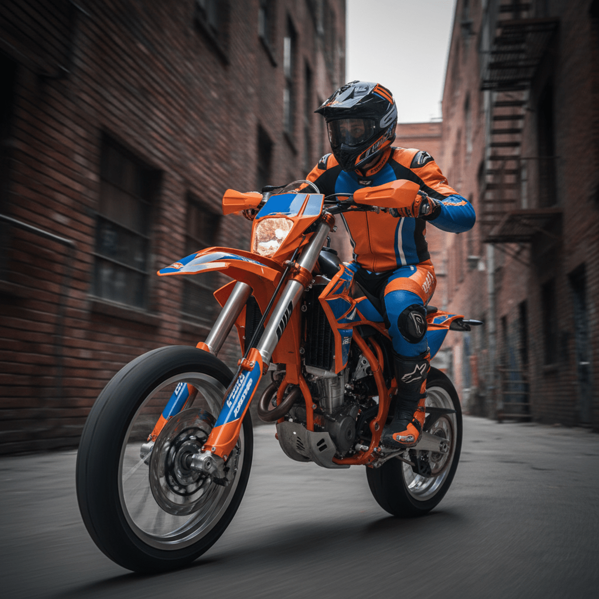 Orange and blue supermoto bike speeds through a city alley with motion blur.